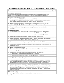 HAZARD COMMUNICATION COMPLIANCE CHECKLIST Item Y N