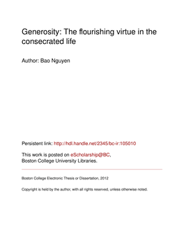 Generosity: the ﬂourishing Virtue in the Consecrated Life