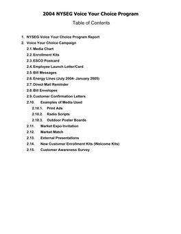 2004 NYSEG Voice Your Choice Program Table of Contents