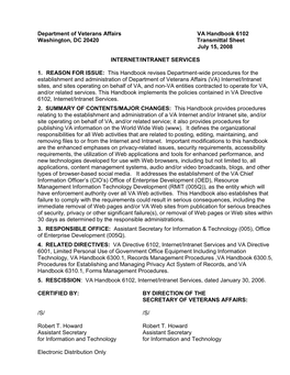 VA Handbook 6102 Washington, DC 20420 Transmittal Sheet July 15, 2008