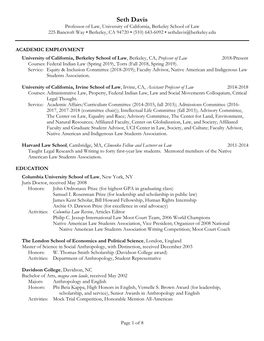 Seth Davis Professor of Law, University of California, Berkeley School of Law 225 Bancroft Way • Berkeley, CA 94720 • (510) 643-6092 • Sethdavis@Berkeley.Edu