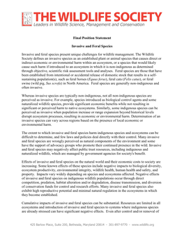 Final Position Statement Invasive and Feral Species Invasive and Feral