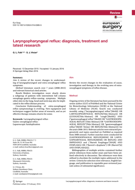 Laryngopharyngeal Reflux: Diagnosis, Treatment and Latest Research