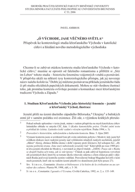 Příspěvek Ke Kontextologii Studia Křesťanského Východu V Katolické Církvi a Hledání Nového Metodologického Východiska