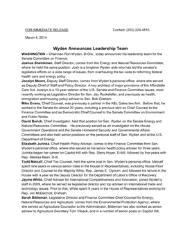 Wyden Announces Leadership Team