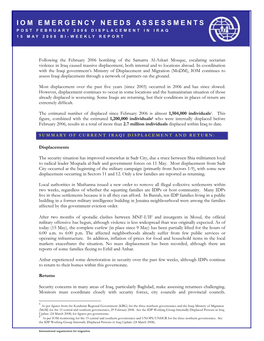 Iom Emergency Needs Assessments Post February 2006 Displacement in Iraq 15 May 2008 Bi-Weekly Report