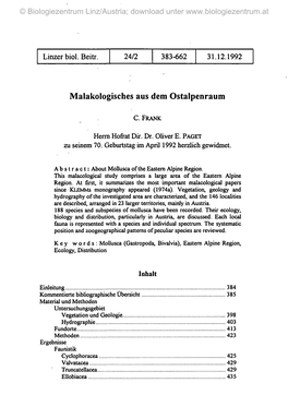 Malakologisches Aus Dem Ostalpenraum