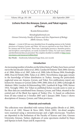 Lichens from the Amasya, Ã⁄Orum, and Tokat Regions of Turkey