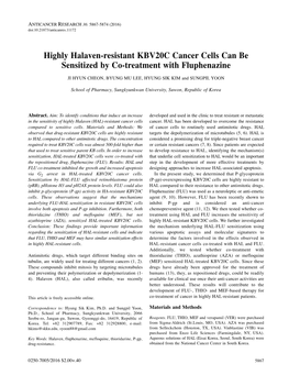 Highly Halaven-Resistant KBV20C Cancer Cells Can Be Sensitized by Co-Treatment with Fluphenazine JI HYUN CHEON, BYUNG MU LEE, HYUNG SIK KIM and SUNGPIL YOON