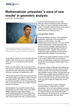 Mathematician Unleashes 'A Wave of New Results' in Geometric Analysis 4 June 2014, by Helen Knight