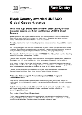 Black Country Awarded UNESCO Global Geopark Status