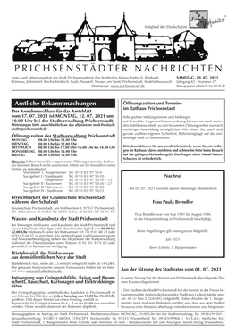PRICHSENSTÄDTER NACHRICHTEN Amts- Und Mitteilungsblatt Der Stadt Prichsenstadt Mit Den Stadtteilen Altenschönbach, Bimbach, SAMSTAG, 10