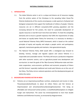 NATIONAL FISHERIES POLICY, 2020 1. INTRODUCTION 1.1. the Indian