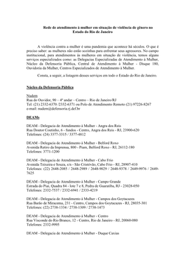 Rede De Atendimento À Mulher Em Situação De Violência De Gênero No Estado Do Rio De Janeiro