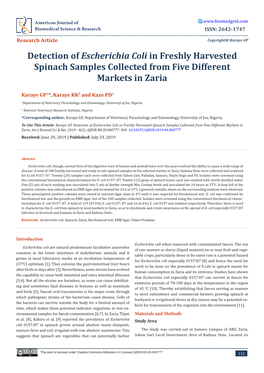 Detection of Escherichia Coli in Freshly Harvested Spinach Samples Collected from Five Different Markets in Zaria