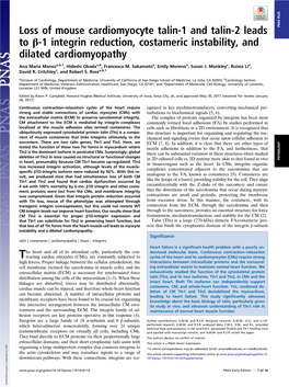 Loss of Mouse Cardiomyocyte Talin-1 and Talin-2 Leads to Β-1 Integrin