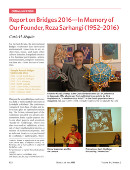 Report on Bridges 2016—In Memory of Our Founder, Reza Sarhangi (1952–2016)