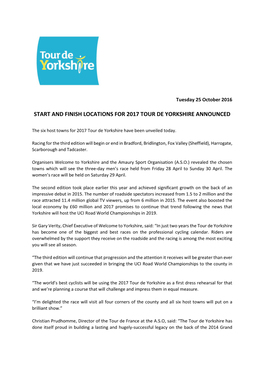 Start and Finish Locations for 2017 Tour De Yorkshire Announced