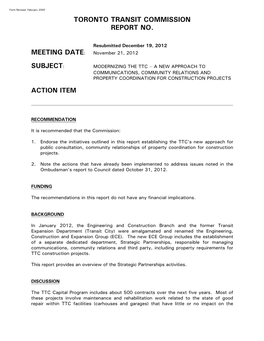 Modernizing the Ttc – a New Approach to Communications, Community Relations and Property Coordination for Construction Projects Action Item