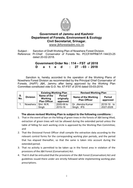 Sanction of Draft Working Plan of Nowshera Forest Division. Reference: Pr.Chief Conservator of Forests No