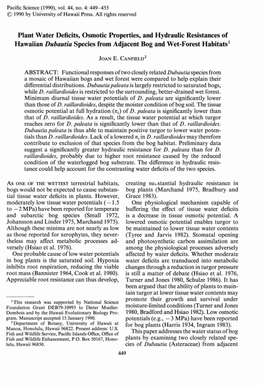 Plant Water Deficits, Osmotic Properties, and Hydraulic Resistances of Hawaiian Dubautia Species from Adjacent Bog and Wet-Forest Habitats!