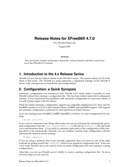 Release Notes for Xfree86® 4.7.0 the Xfree86 Project, Inc August 2007