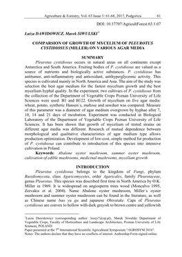 Comparsion of Growth of Mycelium of Pleurotus Cystidiosus (Miller) on Various Agar Media