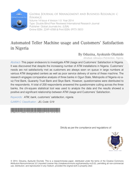 Automated Teller Machine Usage and Customers' Satisfactionin Nigeria
