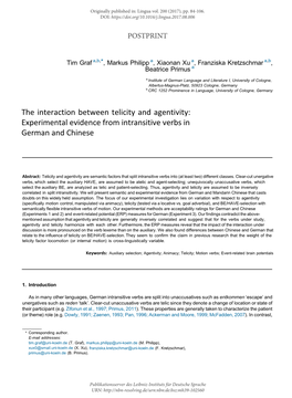 The Interaction Between Telicity and Agentivity: Experimental Evidence from Intransitive Verbs in German and Chinese