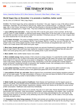 World Vegan Day on November 1 to Promote a Healthier, Better World - TOI Mobile | the Times of India Mobile Site 31/10/13 10:14 AM