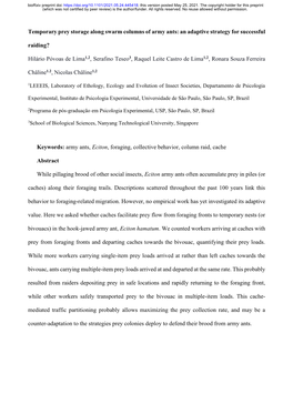 Temporary Prey Storage Along Swarm Columns of Army Ants: an Adaptive Strategy for Successful Raiding?