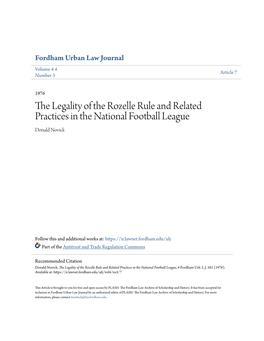 The Legality of the Rozelle Rule and Related Practices in the National Football League Donald Novick