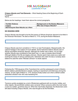 Crispus Attucks and Text Elements – What Heading Goes at the Beginning of Each Paragraph? Name ______