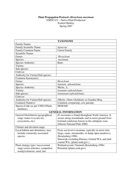 Plant Propagation Protocol –Heracleum Maximum ESRM 412 – Native Plant Production Ezekiel Barkley Spring 2007