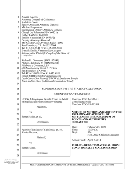 SETTLEMENT; MEMORANDUM of 21 POINTS and AUTHORITIES Defendants