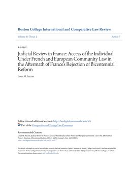 Judicial Review in France: Access of the Individual Under French and European Community Law in the Aftermath of France’S Rejection of Bicentennial Reform Louis M