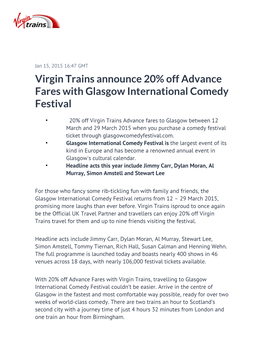 Virgin Trains Announce 20% Off Advance Fares with Glasgow International Comedy Festival