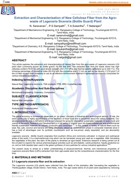 Extraction and Characterization of New Cellulose Fiber from the Agro- Waste of Lagenaria Siceraria (Bottle Guard) Plant N