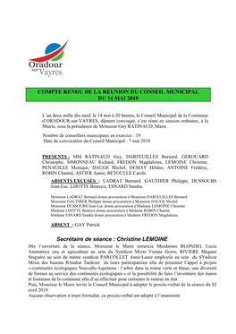 Compte Rendu De La Reunion Du Conseil Municipal Du 14 Mai 2019