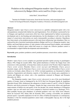 Predation on the Endangered Hungarian Meadow Viper (Vipera Ursinii Rakosiensis) by Badger (Meles Meles) and Fox (Vulpes Vulpes)