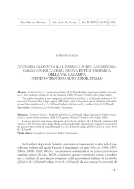Jovibarba Globifera (L) J Parnell Subsp Lagariniana Gallo (Crassulaceae), Nuova Entità Endemica Della Val Lagarina (Veneto/Trentino-Alto Adige, Italia)