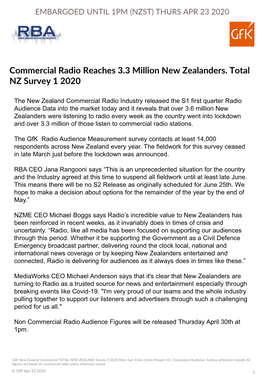 Commercial Radio Reaches 3.3 Million New Zealanders. Total NZ Survey 1 2020