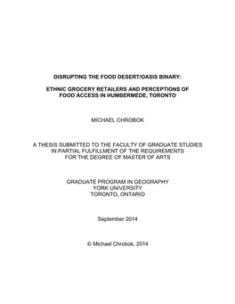 Ethnic Grocery Retailers and Perceptions of Food Access in Humbermede, Toronto