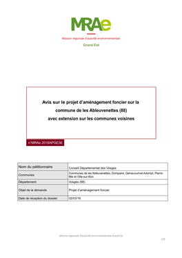 Avis Sur Le Projet D'aménagement Foncier Sur La Commune De Les Ableuvenettes