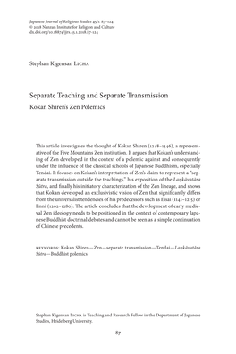 Separate Teaching and Separate Transmission Kokan Shiren’S Zen Polemics