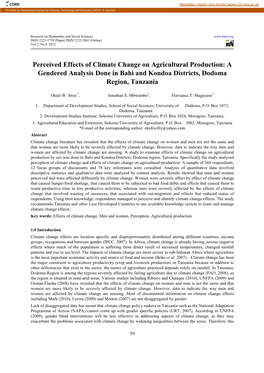 Perceived Effects of Climate Change on Agricultural Production: a Gendered Analysis Done in Bahi and Kondoa Districts, Dodoma Region, Tanzania