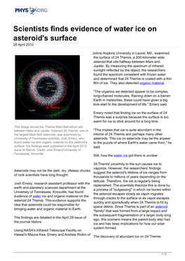 Scientists Finds Evidence of Water Ice on Asteroid's Surface 28 April 2010