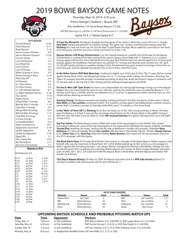 2019 BOWIE BAYSOX GAME NOTES Thursday, May 16, 2019 - 6:35 P.M
