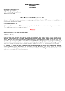 ANSWERED ON:10.08.2015 CCTV at West Bengal Railway Stations Tumane Shri Krupal Balaji