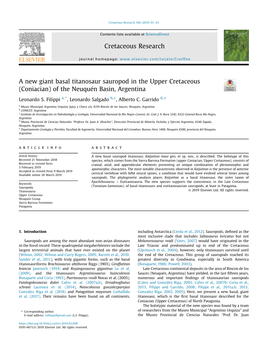 A New Giant Basal Titanosaur Sauropod in the Upper Cretaceous (Coniacian) of the Neuquen� Basin, Argentina